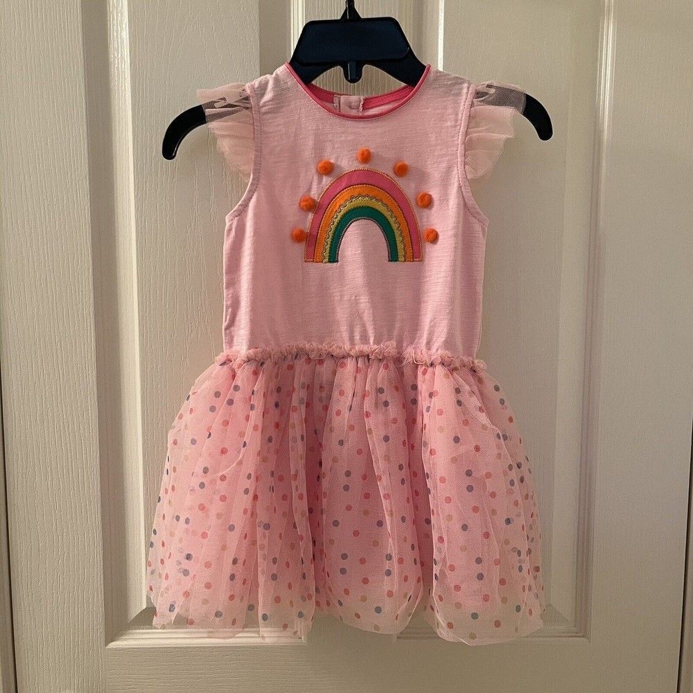 Mud Pie Pink Rainbow Applique Mesh Tulle Dress Pom Pom Girls Size M 2T-3T NWT